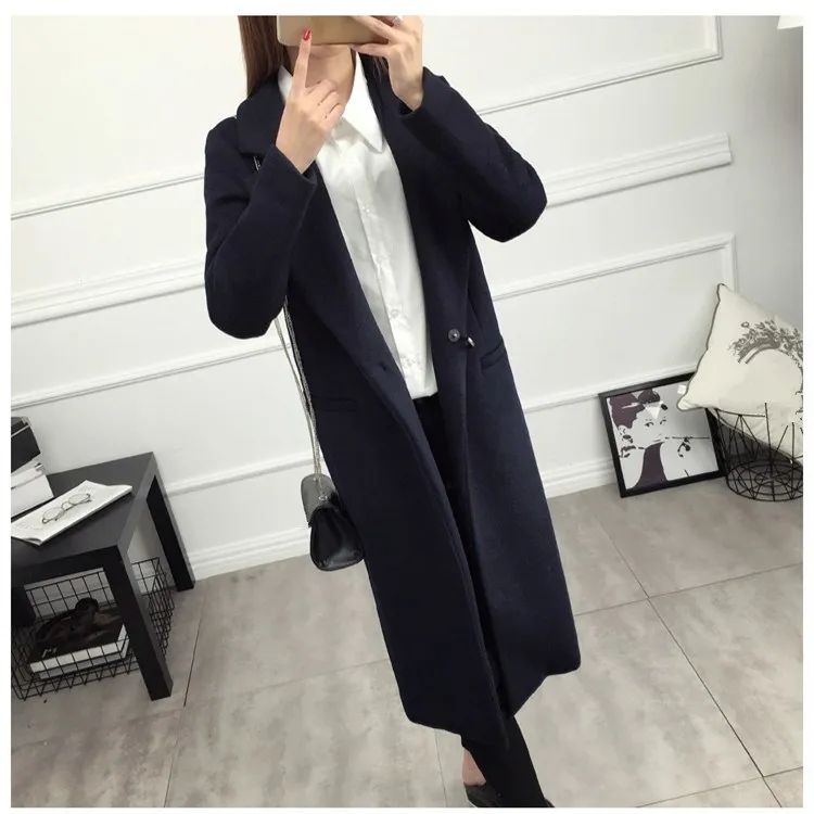 Новое осенне-зимнее женское Шерстяное Пальто с карманами, модное длинное пальто на темных пуговицах, женское темно-синее пальто размера плюс, верхняя одежда