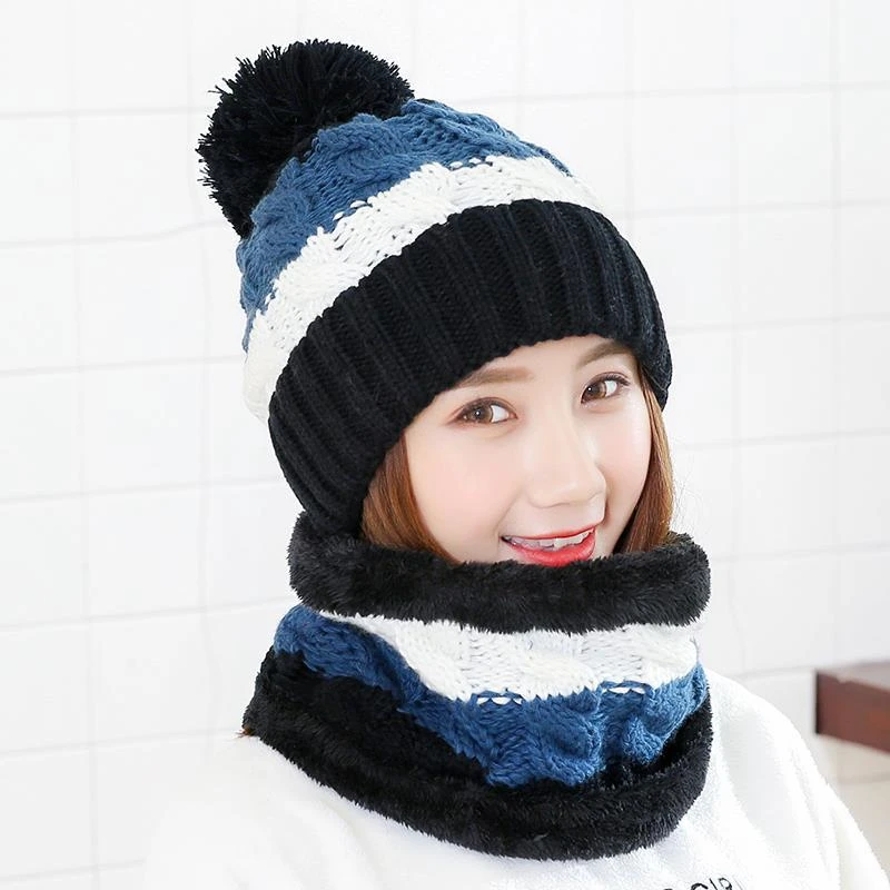 New Winter Women's Velvet Wool Hats Twist color matching Beanies Skullies Hat Female Riding Bib Knitted Hats Sets Wholesale