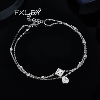 

FXLRY Fashion Silver Color Square and Water Drop Zircon Double Anklet Foot Chain for Women Fine Summer Jewelry