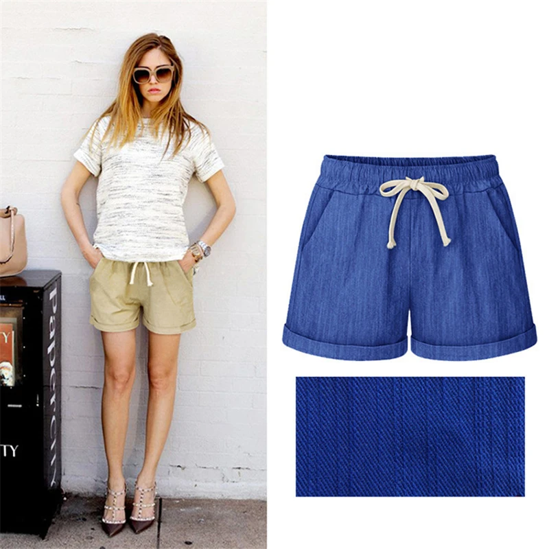 Женские льняные широкие шорты, популярные летние повседневные однотонные шорты, пляжные шорты с высокой талией, модные женские шорты размера плюс - Цвет: Colorful blue