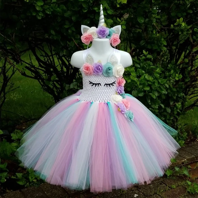 Cosplay unicórnio meninas vestido bonito dos desenhos animados verão malha princesa  vestido festa de aniversário 2