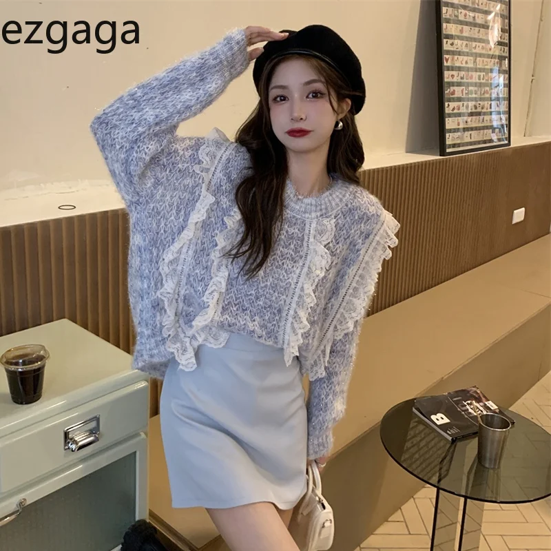 Ezgaga Lace Patchwork Sweater Women Autumn Winter New Long Sleeve Pullover Korean Chic Knitwear Top Loose Elegant Fashion Jumper | Женская