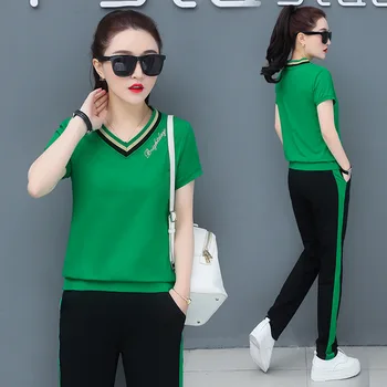 

Leisure Sports Suit Female Summer Dress Women's Wear V Collar Slim Sportswear Loose Big Code