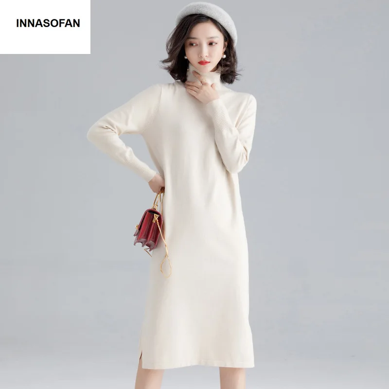 

INNASOFAN knitted dress women Autumn Winter long-sleeved dress high waist Euro-American fashion chic high-collar dress solid