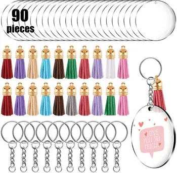 

90Pcs Acrylic Clear Circle Discs Keychain Set Round Acrylic Keychain Blank Leather Tassel Pendant Jump Rings for DIY