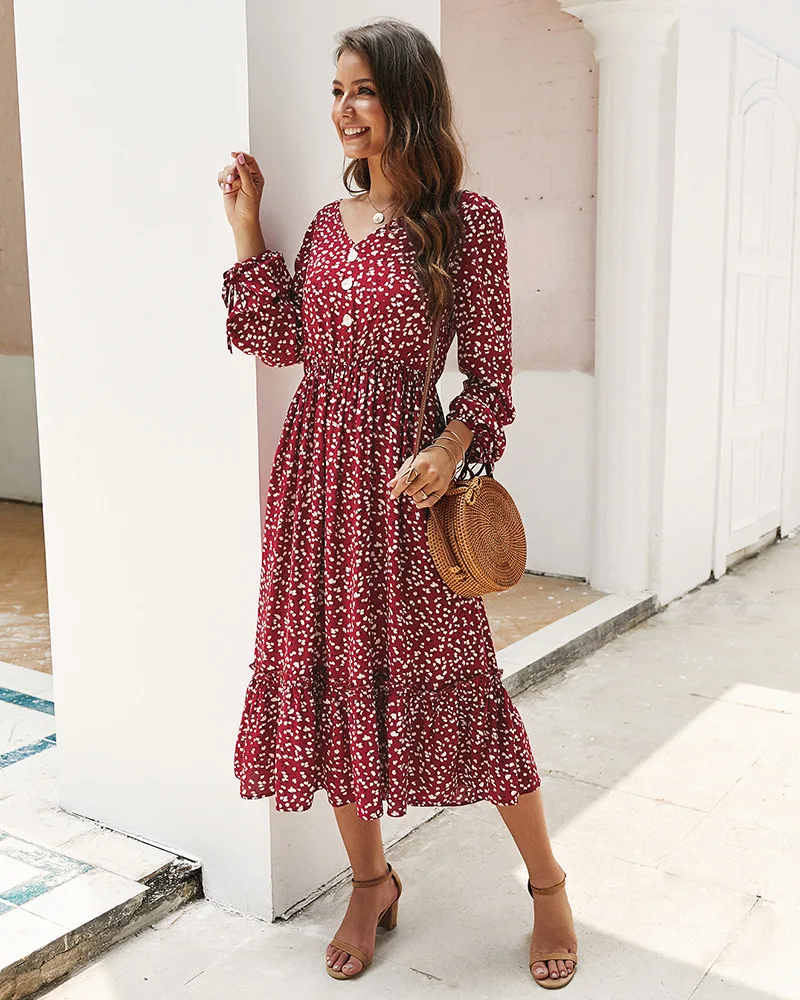 Women Sexy Dress Boho Floral Long Sleeve Spring Summer Autumn Office Ladies Streetwear | Женская одежда