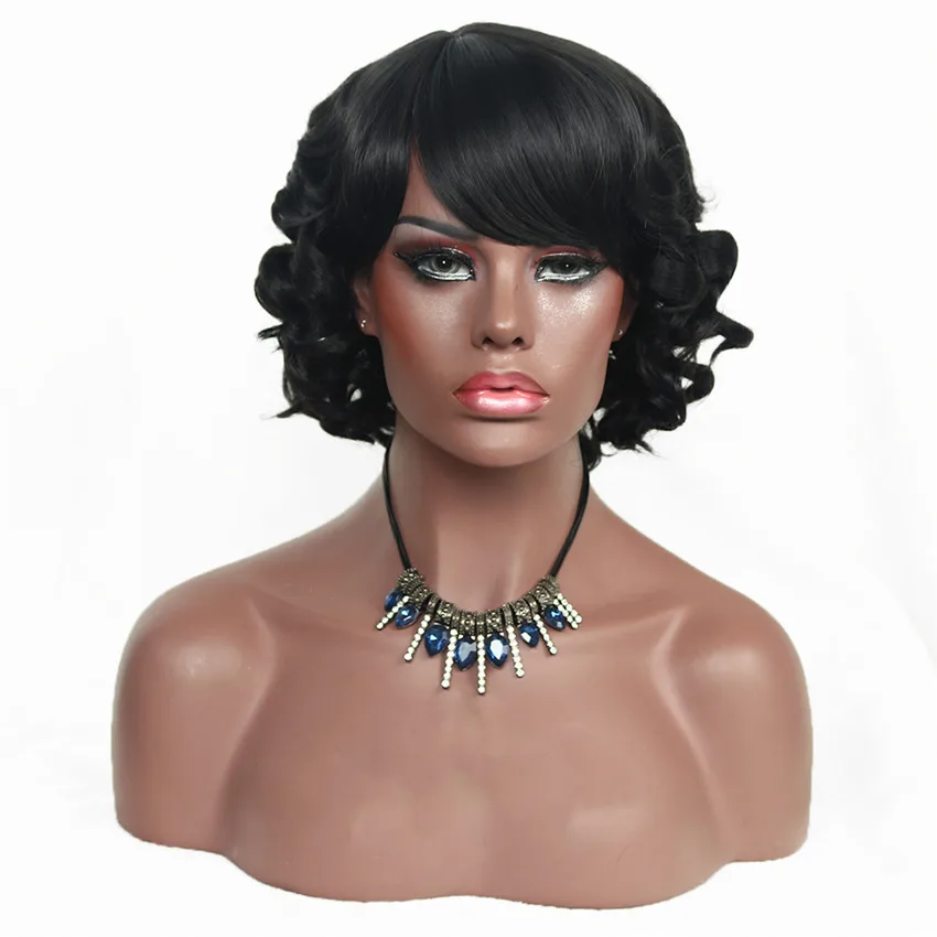 Короткие парики с челкой черные вьющиеся синтетические волосы косплей парик для