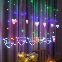EU Plug 2.5M 108 Leds Love Heart Curtain Lights Fairy Garland String Light for New Year Christmas Wedding Bedroom Decoration