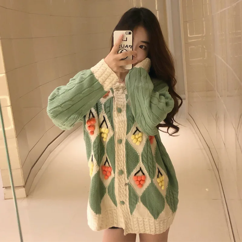 

Women Cardigan Lingge Plus Size Elegant Hairball Beading Argyle Button Sweater Coat Twist Knitted Top Long Sleeve Outwear Casual