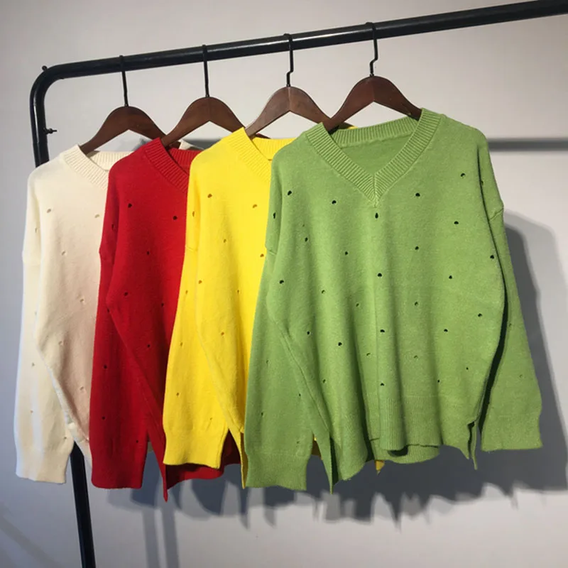 

Korea Autumn Solid Women Sweater Long Sleeve V-Neck Loose Hole Pullovers All Match Streetwear Casual Clothes Knitted Tops Star