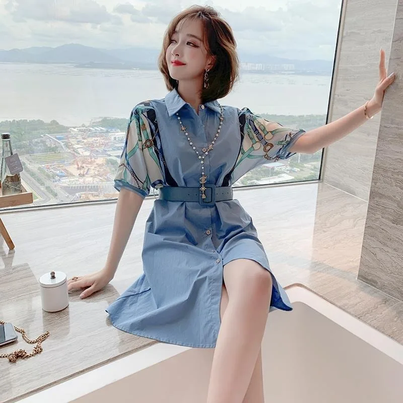 

Ladies Dress High Cotton Temperament POLO Collar Hit Color Printing Short Sleeve Single Breasted Waist Slimming Dress Women 2020