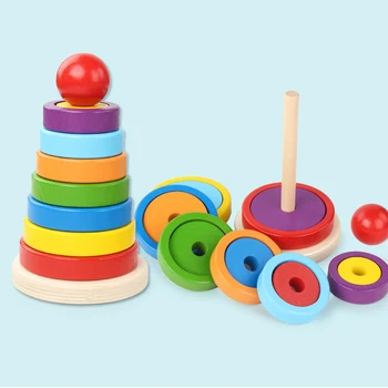 

Rainbow Tower Ferrule Wooden Blocks Toys Kids Puzzle Shape Matching Stacked Game Toys Early Education Montessori Toys
