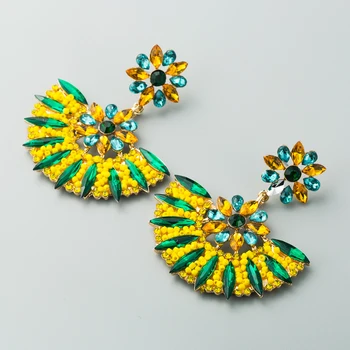 

Korean and European Fashion Bohemia Earrings for Woman Half Round Hollowing Out Earrings Inlaid Shiny Rhinestone and Seed Beads