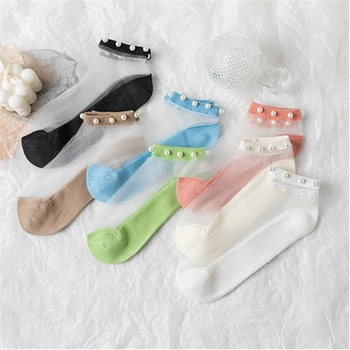 

2020 High Quality Summer Stylish Trendy Fashion Modern Woman Girl Glitter Shiny Pearl Socks Mesh Thin Bead Gauze Transparent Sox