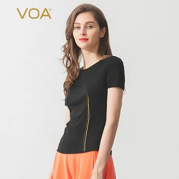 

Voa 33mm Double-sided Silk Knitting Black Round Neck Short Sleeve Elastic Soft Gold Arched Needle T-shirt B9169 Harajuku Tshirt