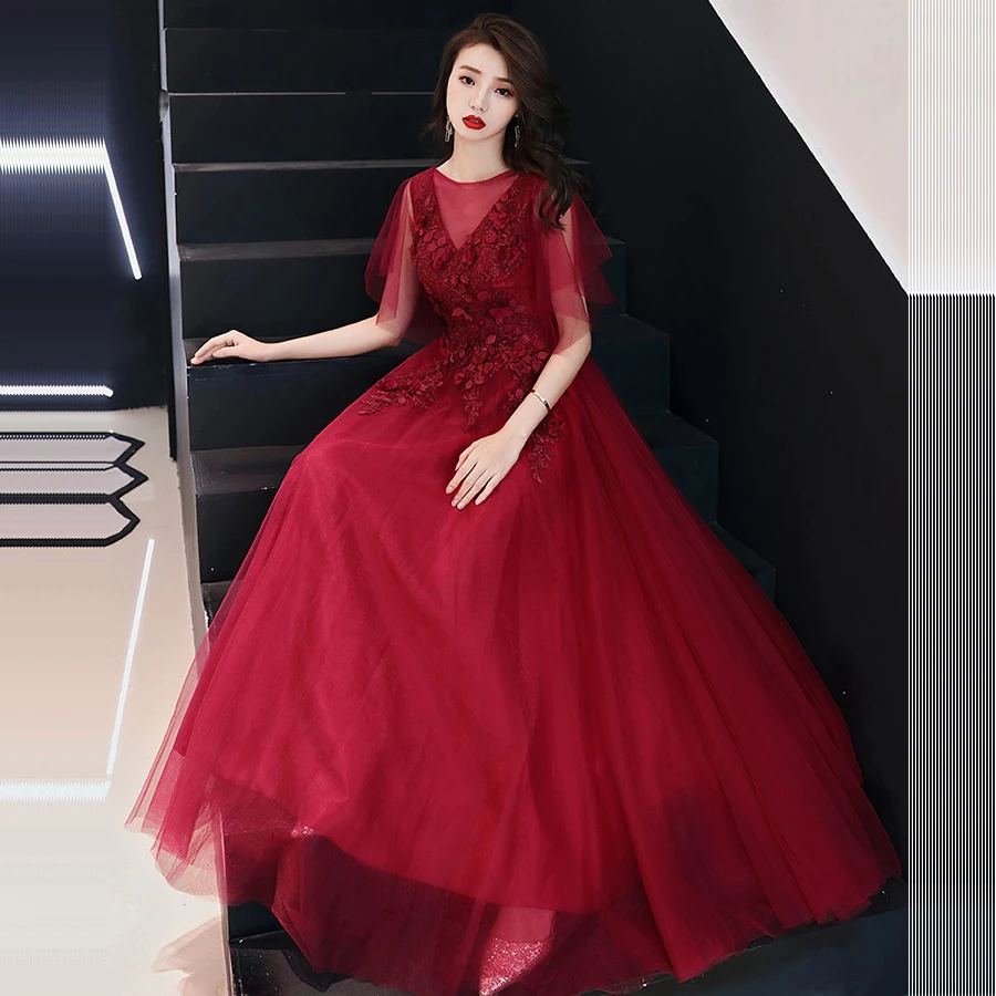 

Evening Dress 2019 Fashion Appliques Embroidery Robe De Soiree V-neck Lace Formal Dresses A-line Floor-length Dinner Gown SB013