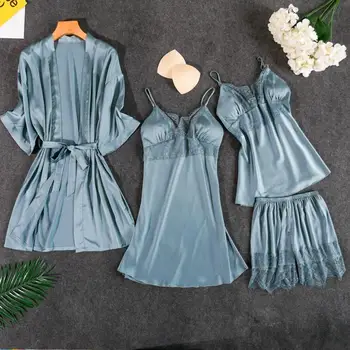

Women's Simulation Silk Pajamas Thin Four-Piece Solid Color Sling Cardigan Nightgown