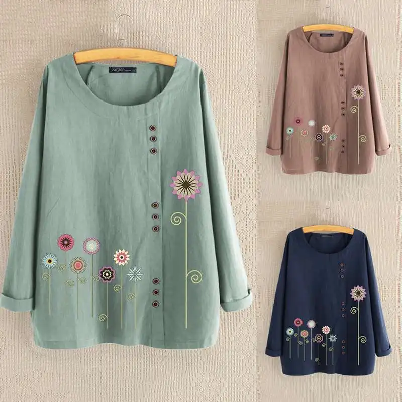 

2019 Autumn Women Long Sleeve Shirts Casual O Neck Blouses Ladies Cotton Linen Print Blusas Work Tops Female Tunic Plus Size 5XL