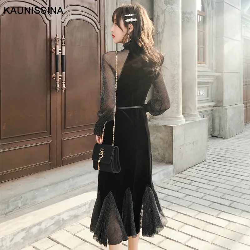 KAUNISSINA, элегантное черное коктейльное платье, вечерние платья, длинные рукава, с блестками, Vevelt, пэчворк, для выпускного вечера, Русалка, коктейльное платье, платья