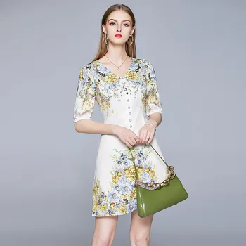 

Summer V-Neck Middle Sleeve Elegant White Dress Printed Waist And Button Thin A-Line Empire Holiday Above Knee Mini Dresses