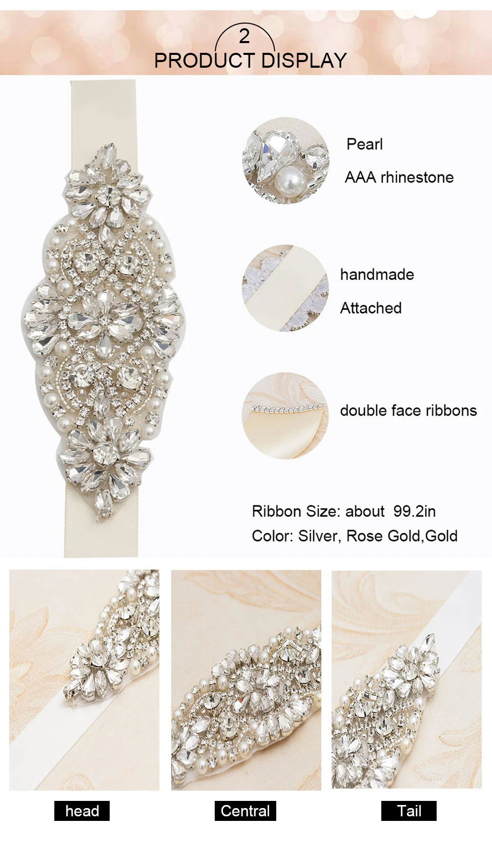 MissRDress Wedding Dress Belt Rhinestones Bridal Sash Crystal Pearls Bridal Belt Gold Wedding Sash Bridal Dress Belt JK850