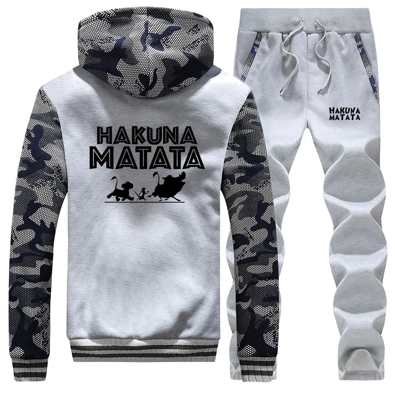 Спортивный костюм HAKUNA MATATA, зимняя куртка с рисунком из мультфильма, мужские спортивные штаны, мужские толстовки с капюшоном+ брюки, комплекты из 2 предметов, мужская Толстовка s