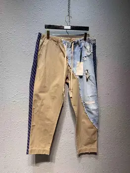 

men baggy fit distressed denim patchwork khaki ankel length pants