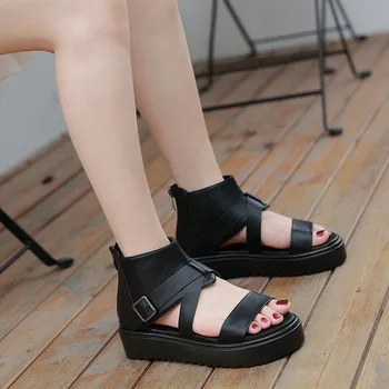 

YMECHIC Black Women Sandals Gladiator PU Leather Buckle Strap Platform 4,5cm Bottom Flats Heel Ladies Shoes Sandalias Mujer New