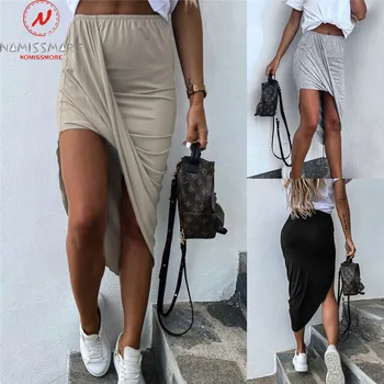 

Sexy Women Summer Solid Color Skirts for Streetwear Irregular Shrinkage Design Elastic High Waist Slim Hips Lady Skirts