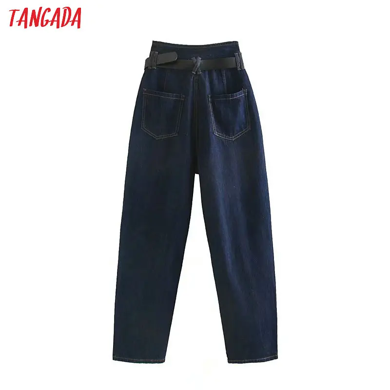Tangada Женские повседневные темно-синие джинсы брюки с поясом высокая талия карман брюки стильные джинсовые брюки 4M141