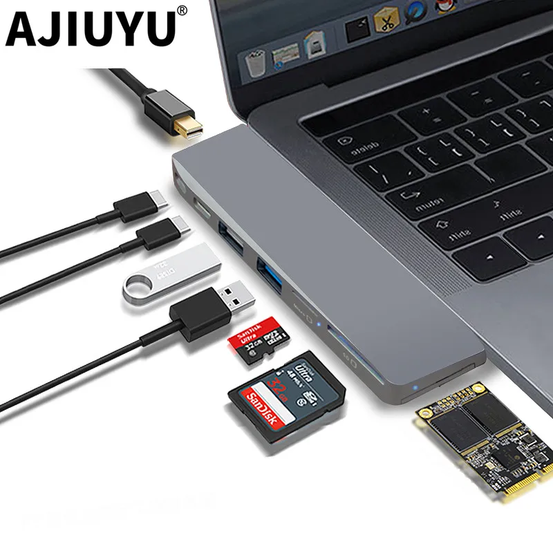 

AJIUYU USB 3.1 USB-C Hub mini DP Adapter 4K Thunderbolt 3 USB C with TF SD SSD Reader Slot PD For MacBook Pro/Air 2018 Dock Port