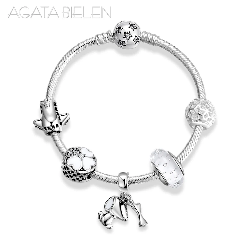 Высокое качество 925 стерлингового серебра собака кулон с Бусины из белого стекла готовой продукции очаровательные браслеты для женщин модные ювелирные изделия