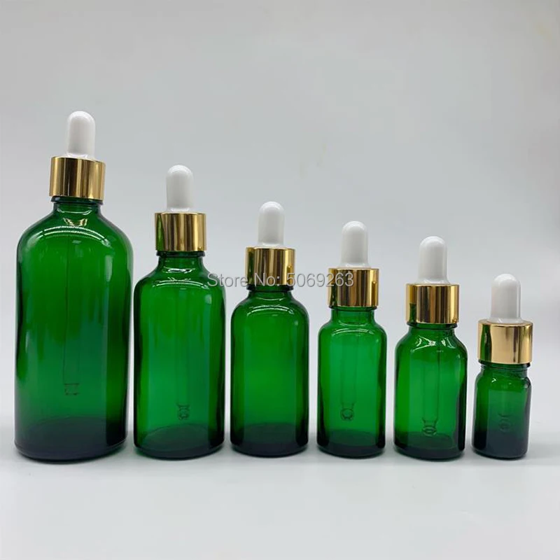 

10Pcs/Lot Green Glass Refined Lab Oil Bottle with Glass Droppers Golden/Silver Circle for School Experiment