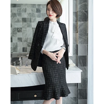 Black Skirt Suits Модная женская юбка костюм клетчатый Блейзер и юбка комплект из 2 предметов, высококачественные элегантные костюмы с длинными рукавами для зимы, плотная ткань - Цвет: Black Skirt Suits