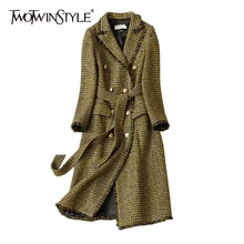 TWOTWINSTYLE, Лоскутная, с кисточками, в клетку, женские пальто, воротник с лацканами, длинный рукав, высокая талия, с поясом, куртка для женщин, мода, новинка