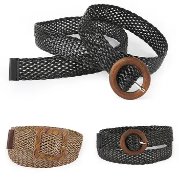 

Elastic Round Square Buckle Women Braid Belt Fake Straw Knitted Decorative Wide Belt Woven Belt Breathable Hollow Waistband