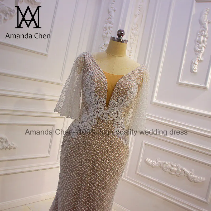 Robe mariage Половина рукава Кружева Аппликации сетки бисера Шампанское свадебное платье