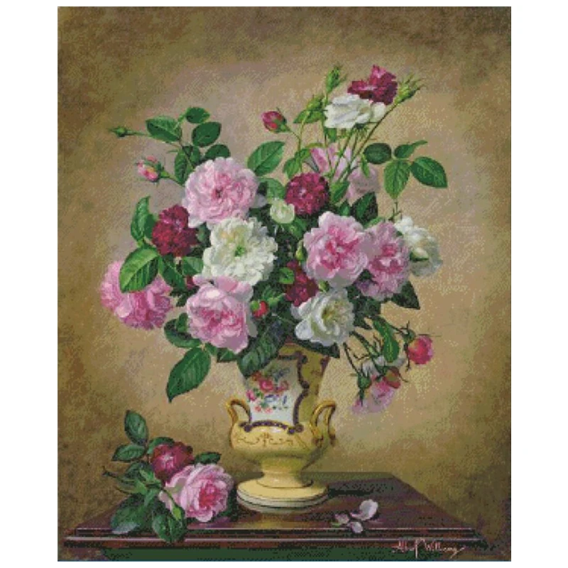 

Rose vase pink white cross stitch package big bloom 18ct 14ct 11ct cloth cotton thread embroidery DIY handmade needlework