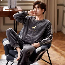 Sleepwear Men Sleeping Suit for Men Thick Long Sleeve Pajamas Set Flannel Warm Autumn Winter Home Service O-neck Letter printing