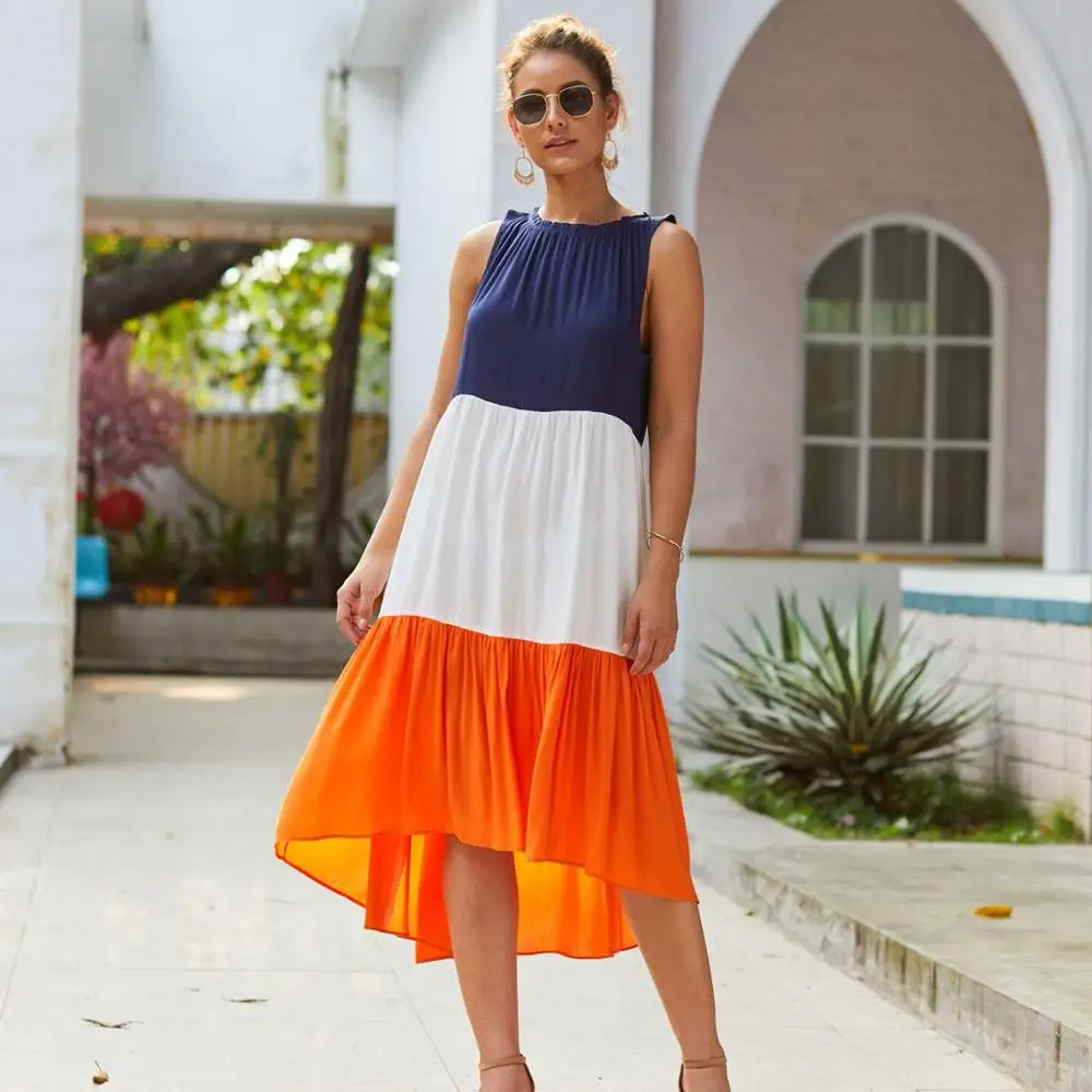 

Solid Color MAXI Dress 2019 Sleeveless Pleated Loose Casual Beach Office Robes Fixed Navy Blue and White Women Dresses Vestidos