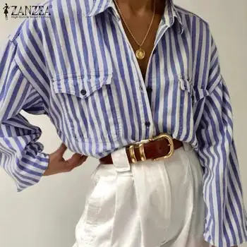 

ZANZEA 2020 Fashion Shirts Women Stripes Tunic Casual Turn-down Shirt Casual Button Down Cotton Blouses Lady Work OL Blusas 5XL