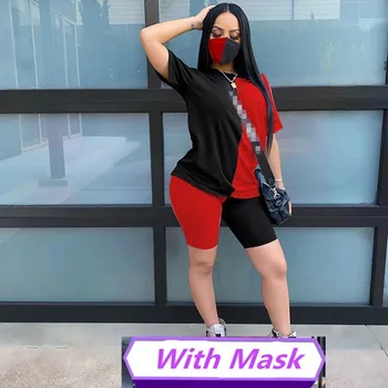 

Women Tracksuit Two Pieces Set Mask Short Sleeve Top Short Pants 2 Pieces Set Outfit Casual Print Ladies Outdoor Wear sweatsuit