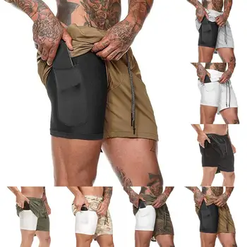 

Sports Men Fitness Double Layer Built-in Pocket Drawstring Shorts Fifth Pants