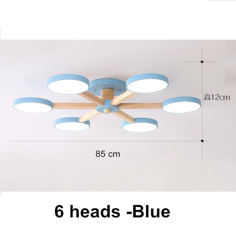6 Heads blue Простой деревянный светодиодный светильник в скандинавском стиле с цветным железным абажуром, потолочные люстры для столовой, детской спальни, домашняя деревянная лампа - Цвет абажура: 6 Heads blue