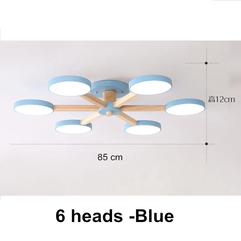 Простой деревянный светодиодный светильник в скандинавском стиле с цветным железным абажуром, потолочные люстры для столовой, детской спальни, домашняя деревянная лампа - Цвет абажура: 6 Heads blue