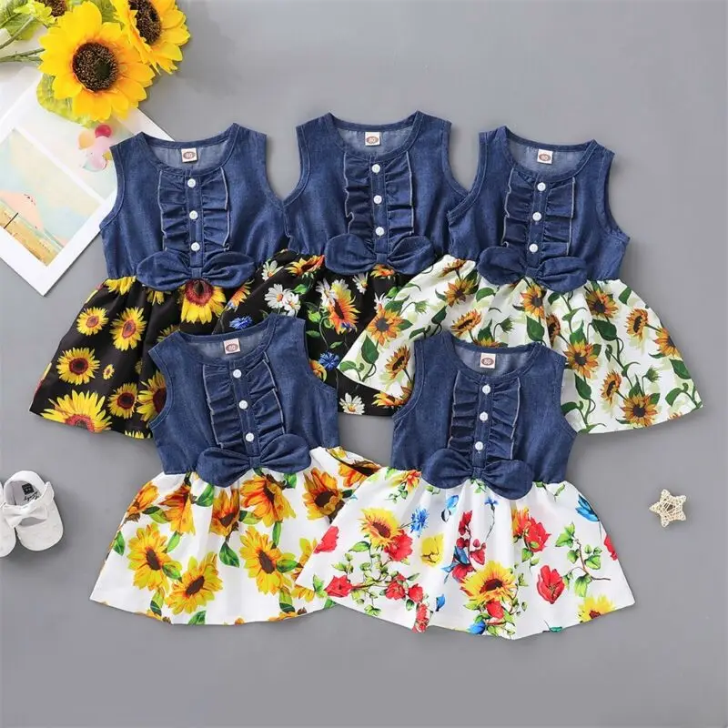 2020 Summer Kids Baby Girls Floral Denim Party Tutu Dress Ruffle Bow Sunflower Casual A-line Sundress Clothes 1-4Y | Детская одежда и