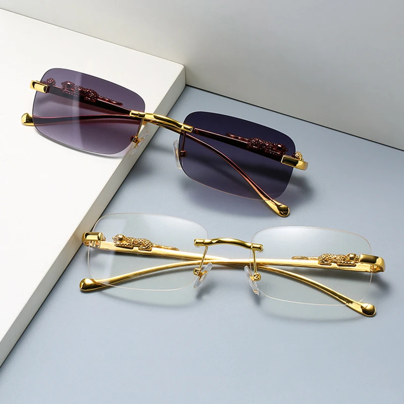 Fashion Vintage Rimless Square Sunglasses Women Men Luxury Brand Designer Popular Travel Driving Leopard Head Small Sun Glasses |