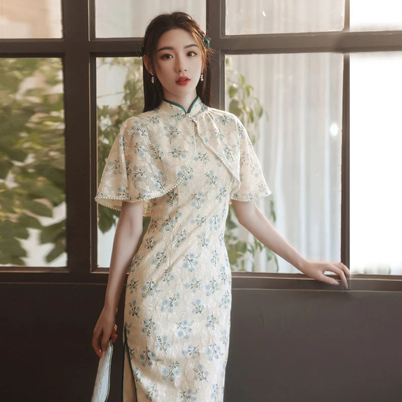 

Floral Simple Elegant Shawl+Qipao Two-piece Slim Womem Chinese Dress Hanfu Traditional Vintage Vestido Chino Girl Cheongsam New