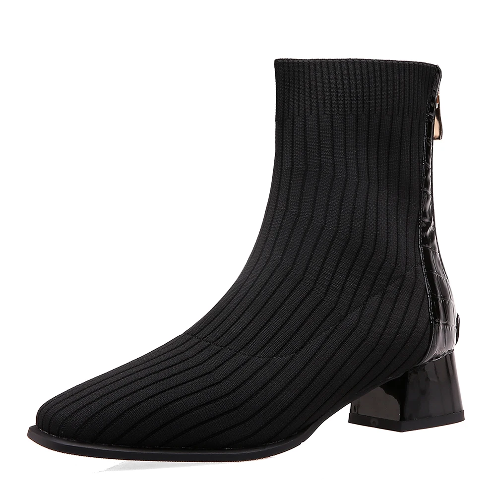 

Square Head Knitted Wool Stitching Stone Pattern Patent Leather Ankle Boots Tapered Heel 2020 New Brown Wool Boots
