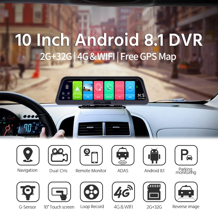 E ACE Автомобильный видеорегистратор 4G 10 дюймов Android 8 1 GPS навигация FHD 1080P авто